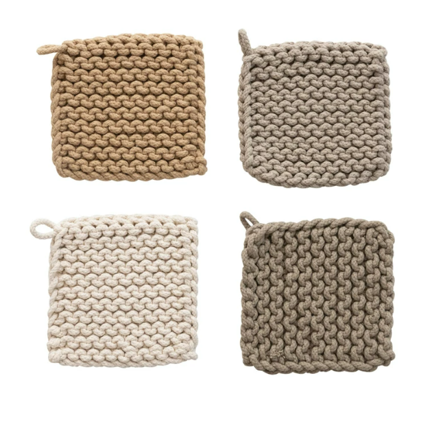 8" Square Cotton Crocheted Pot Holder, 4 Colors
