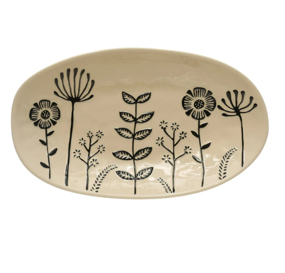 Hand-Painted Stoneware Platter w/ Embossed Flowers
