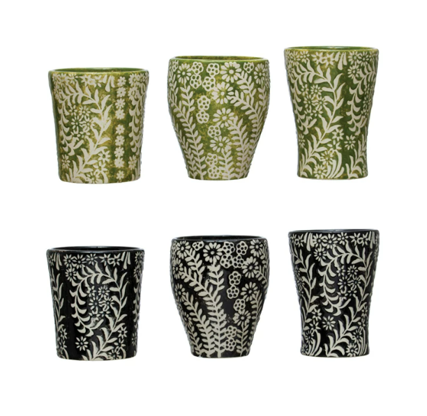 Stoneware Cup w/ Wax Relief Floral Pattern, 2 Colors, 6 Styles