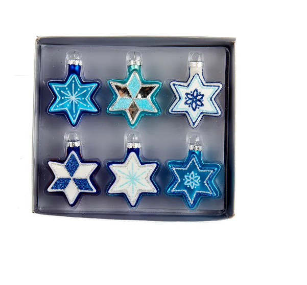 Jewish Stars With Glitter Glass Ornaments, 6 styles