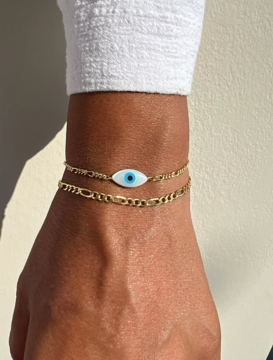 Gold Chain, Mother of Pearl Evil Eye Bracelets