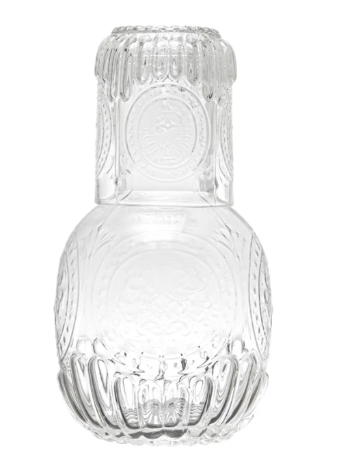 Embossed Glass Carafe w/ 8 oz. Embossed Drinking Glass, Set of 2