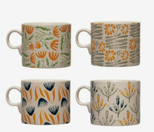 Hand Painted Stoneware Mug with Wax Relief Flower Design, 4 Styles