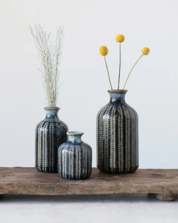 Trevor Blue Embossed Stoneware Vases, 3 sizes