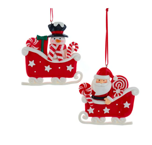 Santa & Snowman Sleigh Ornaments, 2 styles