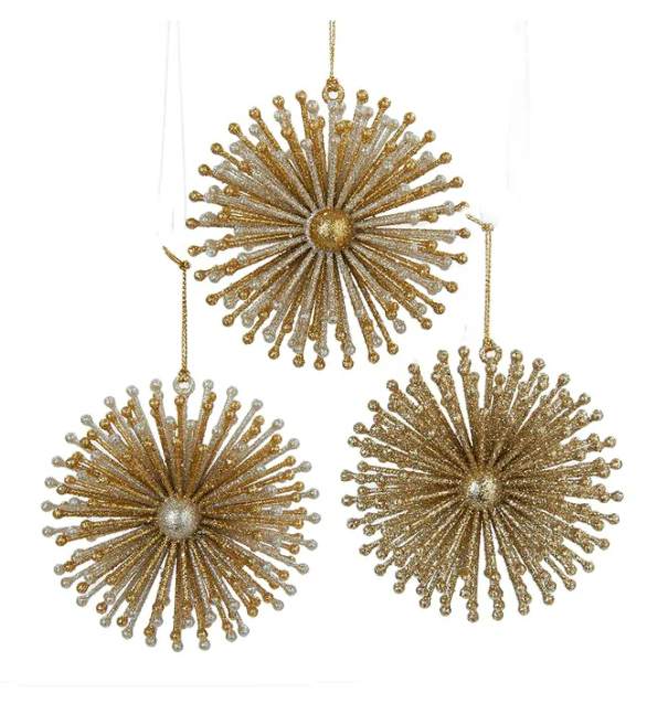 Gold and Silver Burst Snowflake Ornaments, 3 styles