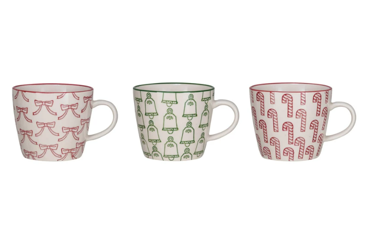 Hand-Stamped Stoneware Mug w/ Holiday Pattern, 3 Styles