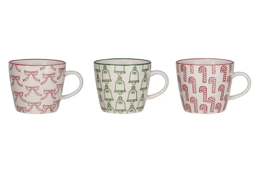 Hand-Stamped Stoneware Mug w/ Holiday Pattern, 3 Styles