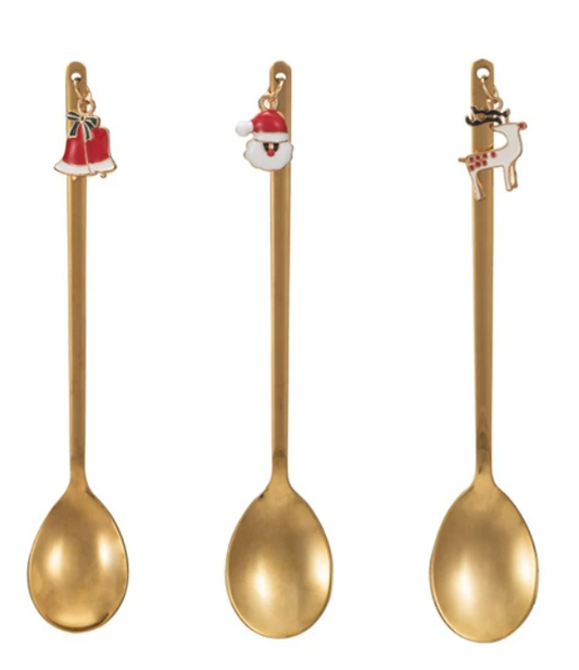 Stainless Steel Spoon w/ Holiday Charm, Gold Finish, 3 Styles