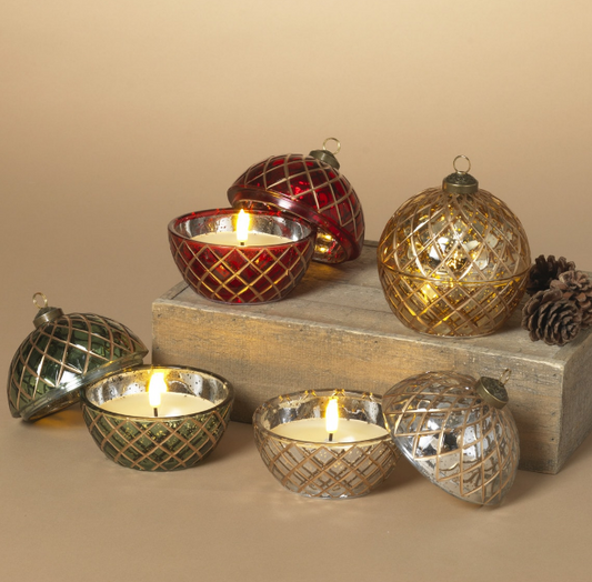 Holiday Glass Ornament with LED Wax Candle, 4 styles