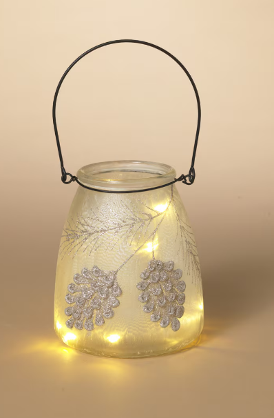 Lighted Frosted Glass Holiday Pinecone Design Lantern, 2 sizes