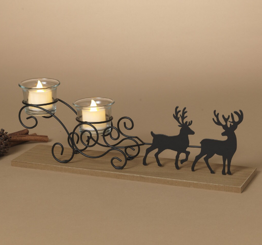 Metal and Wood Sleigh with Glass Tealight Holders