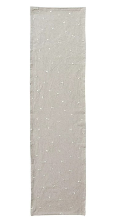 Cotton Table Runner w/ Embroidered Flowers, Natural & White