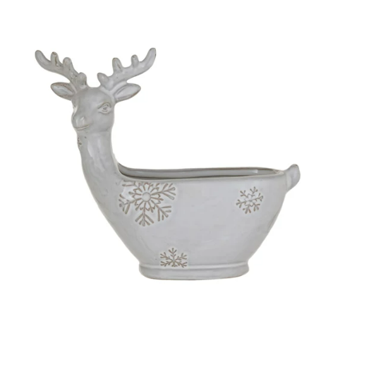 Stoneware Deer Shaped Bowl w/ Snowflakes