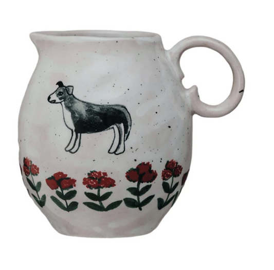 Hand-Painted Stoneware Creamer w/ Dog & Flowers