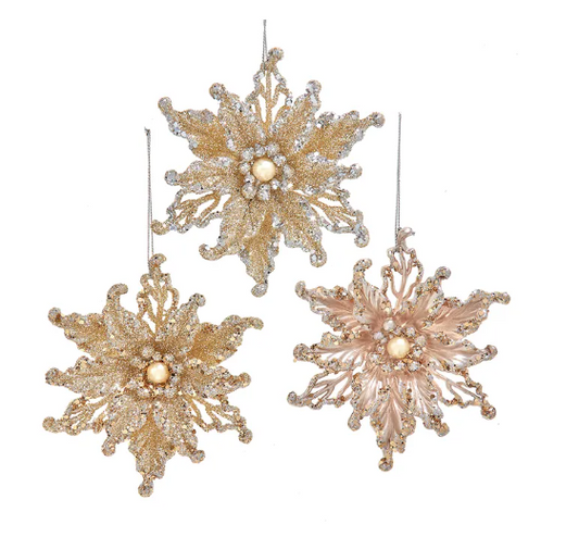Platinum Poinsettia Ornaments, 3 styles