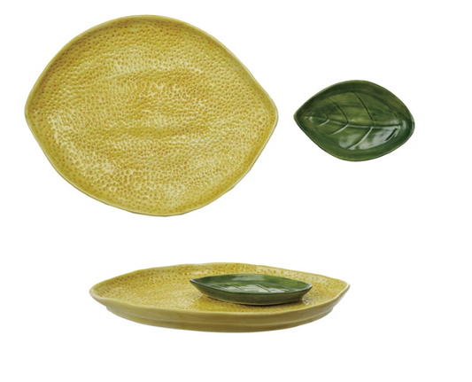 Stoneware Lemon Shaped Platter with Leaf Shaped Dish