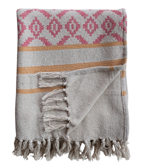 Stassi Cotton Blend Jacquard Throw with Stripes & Tassels