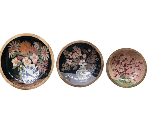 Ava Wood Bowls w/ Flowers in Vase, 3 sizes