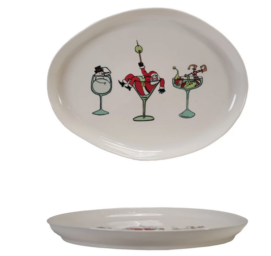 Tipsy Santa Stoneware Platter with Holiday Icon