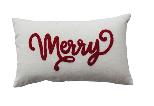 Cotton Slub Lumbar Pillow with Embroidered "Merry"
