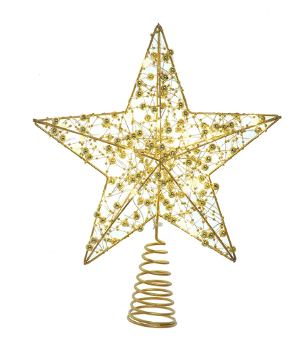 Warm White LED Gold Beaded Metal Star Treetop