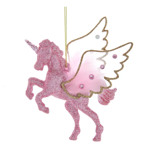 Pink Glittered Unicorn With Gold Glittered Wings Ornament