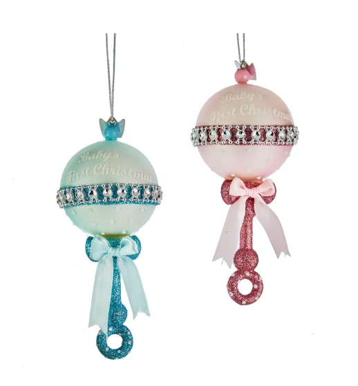Pink and Blue Baby Rattle Glass Ornaments, 2 styles