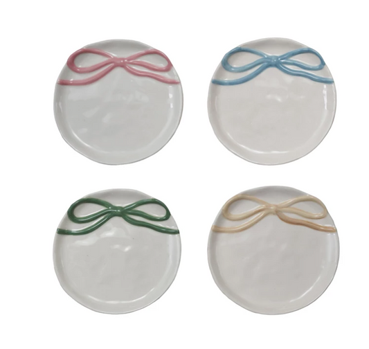 Round Stoneware Dish with Bow, 4 Colors