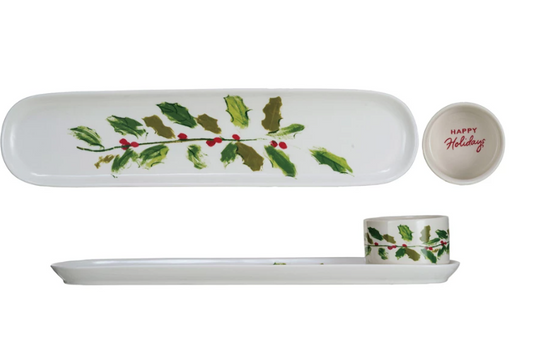Stoneware Platter & Dish w/ Holly Leaves & Berries