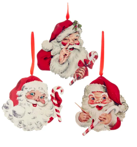 Retro Mint Wooden Santa Head Ornaments, 3 styles