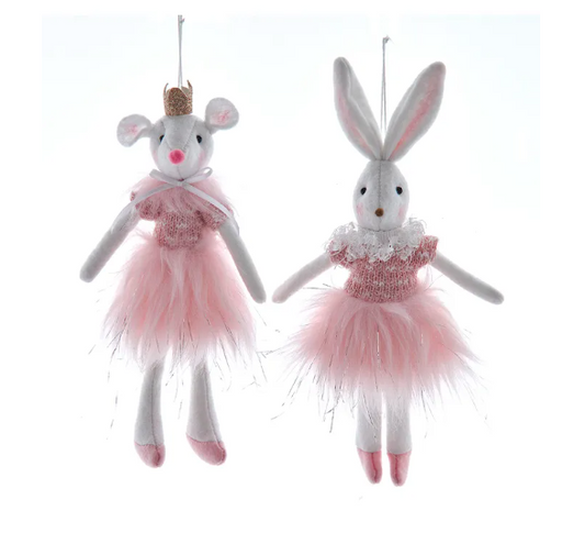 Plush Ballerina Mouse & Rabbit Ornaments, 2 Assorted