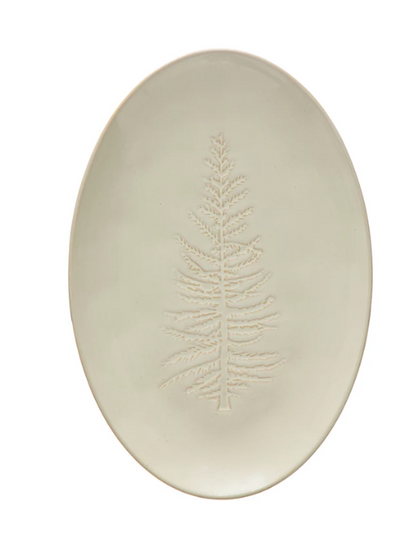 Oval Debossed Stoneware Platter w/ Tree Design
