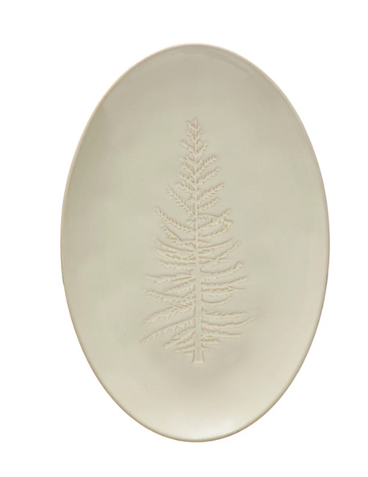 Oval Debossed Stoneware Platter w/ Tree Design