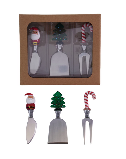 Cheese Knives with Hand-Blown Glass Holiday Icon Handle, Boxed Set of 3