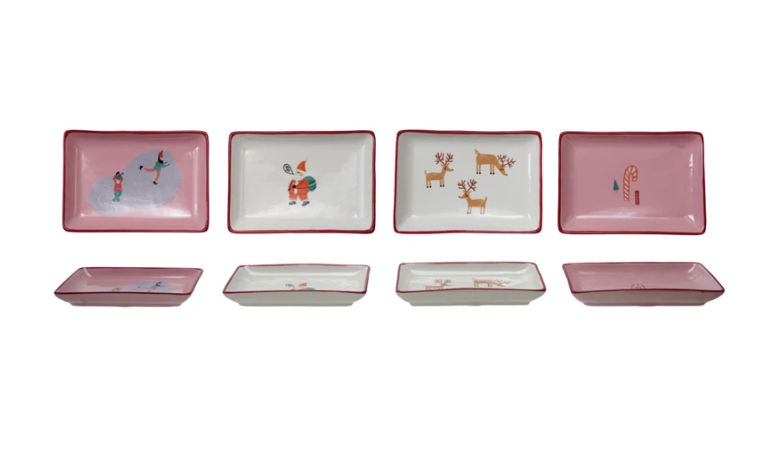Stoneware Dish with North Pole Pattern & Red Rim, 4 Styles