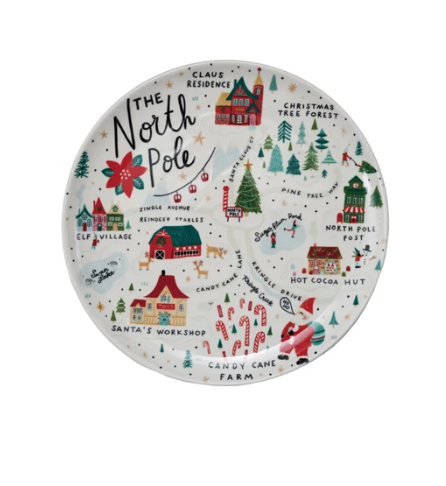 Round Stoneware Plate with North Pole Scene