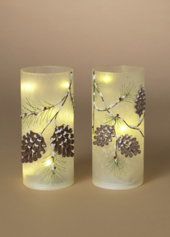 7.9"H B/O Lighted Glass Holiday Pinecone Design Luminary, 2 Assorted