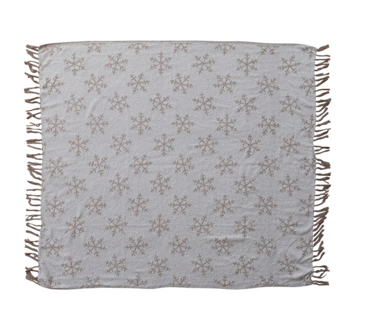 Woven Recycled Throw with Snowflake Pattern & Fringe