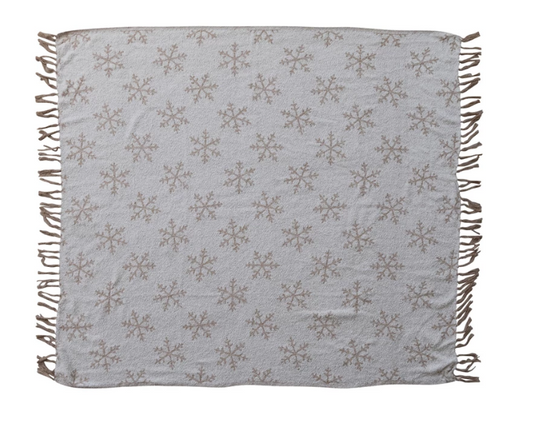 Woven Recycled Fabric Jacquard Throw with Snowflake Pattern & Fringe