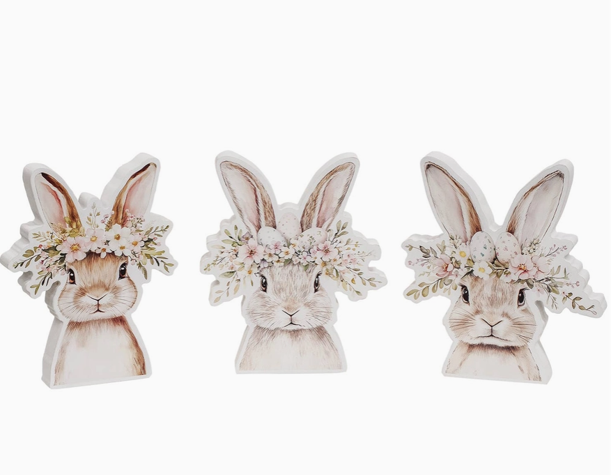 Spring Floral Crown Wooden Bunny Sitter, 3 styles