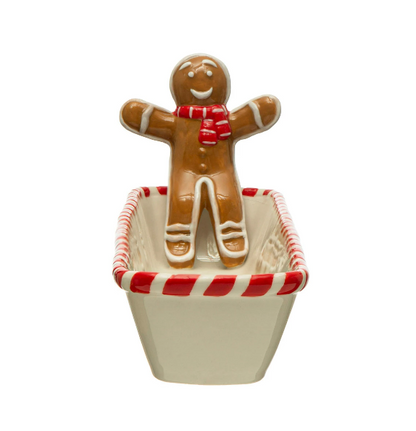 Ceramic Cracker Dish w/ Candy Cane Edge & Gingerbread Man