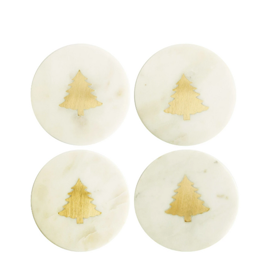 Marble Coasters w/ Brass Tree Inlay, White, Set of 4