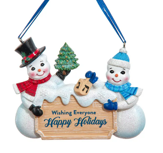 Hanukkah "Wishing Everyone Happy Holidays" Snow Couple Ornament