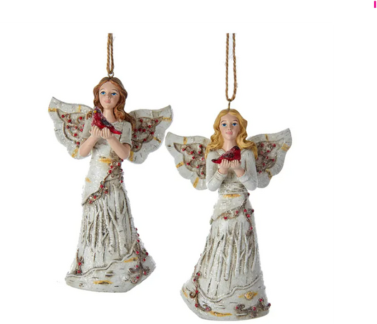 Birch Berries Angel Holding Cardinal Ornaments, 2 styles