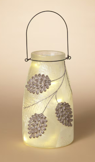 Lighted Frosted Glass Holiday Pinecone Design Lantern, 2 sizes