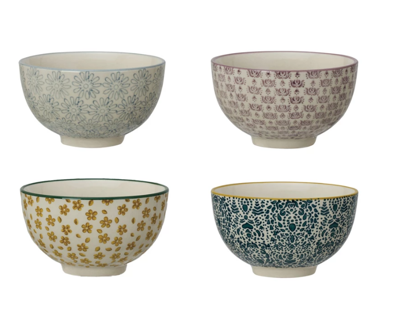 Meadow Stoneware Bowls w/ Pattern, 4 Styles