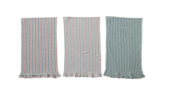 Woven Cotton Tea Towel w/ Stripes & Ruffle, 3 Styles