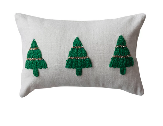 Cotton Slub Lumbar Pillow w/ Embroidered Christmas Trees & Beads