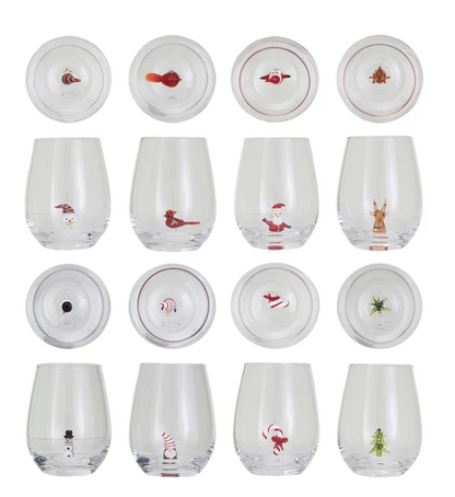 Stemless Wine Glass w/ Holiday Figure Inside, 8 Styles